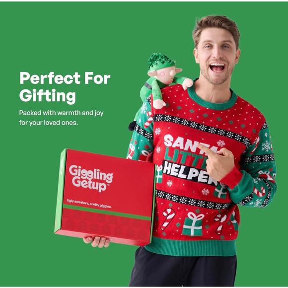 Giggling Getup Men’s XL Holiday Sweater w/ Snap-On Elf – New in Box - Picture 4 of 6
